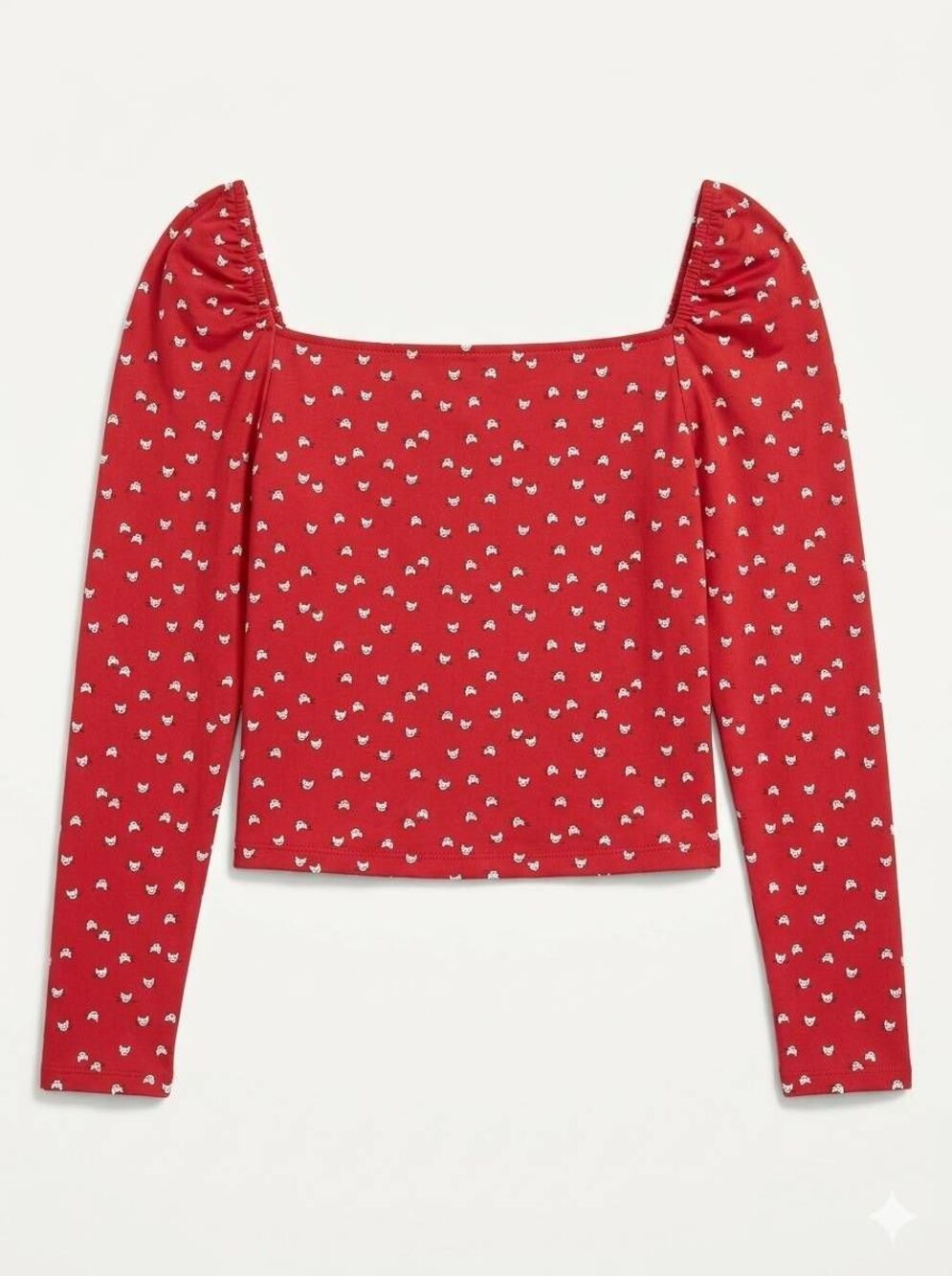 💜Cranberry Cat Face Print Puff Shoulder Long Sleeve Top Large